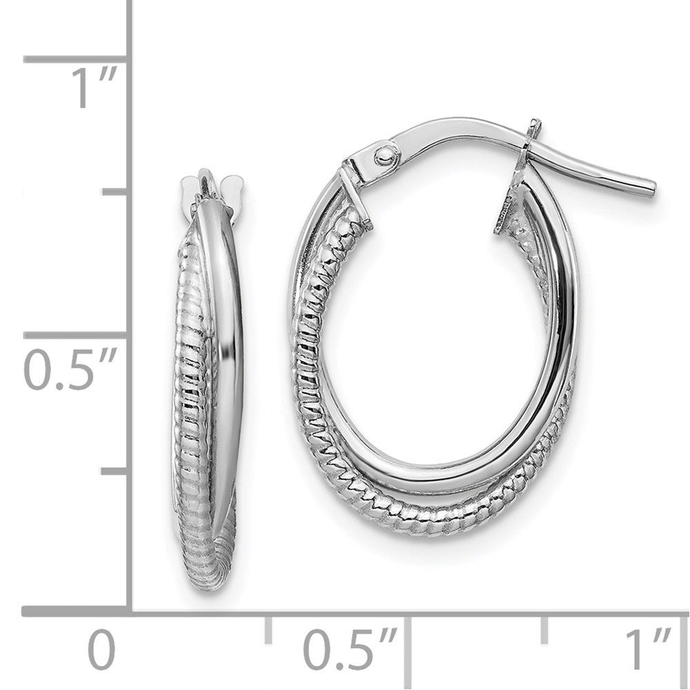 14K Weißgold Poliert und Strukturiert Doppelt Oval Creolen