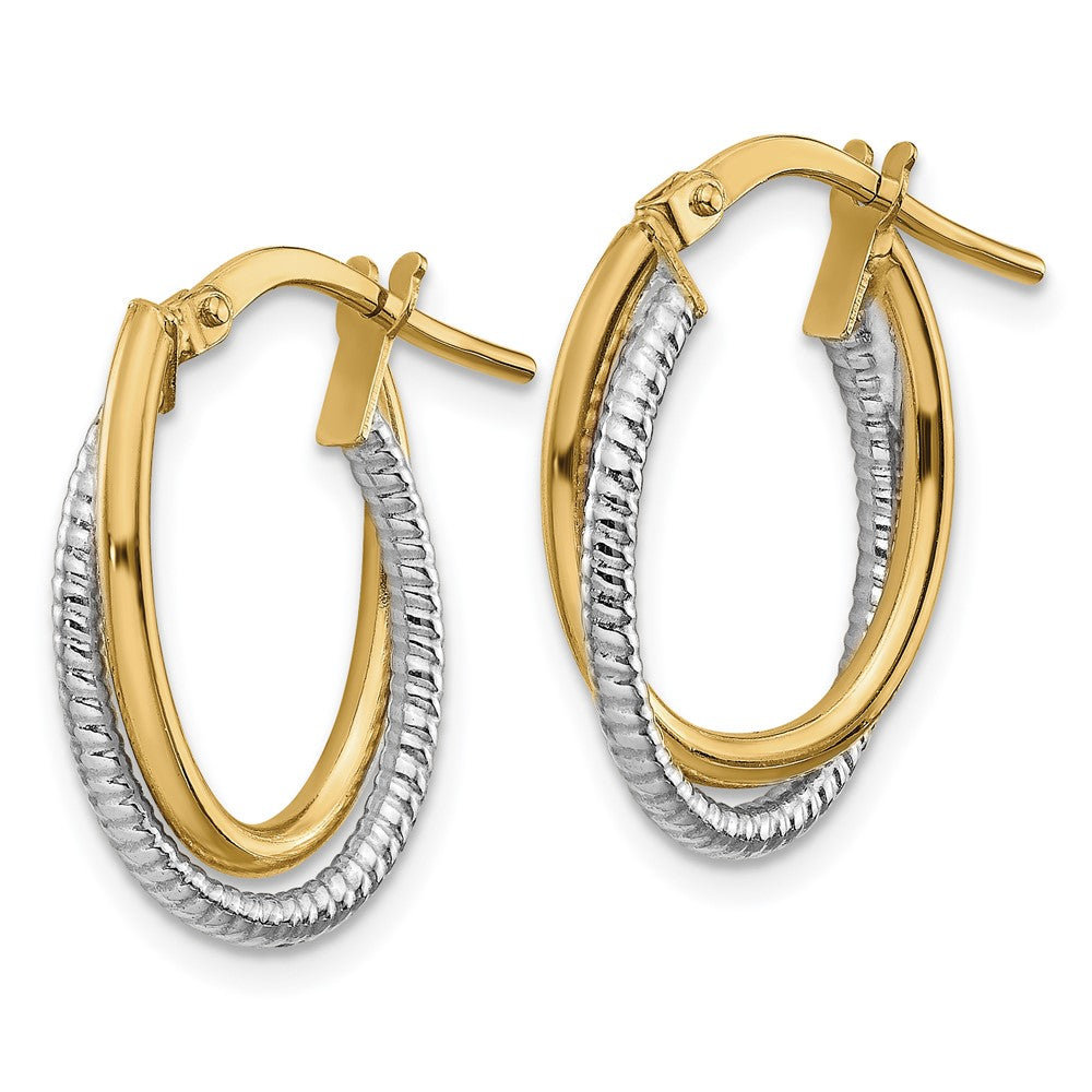 14K Bicolor Poliert Strukturiert Doppelt Oval Creolen