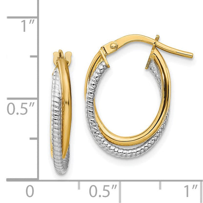 14K Bicolor Poliert Strukturiert Doppelt Oval Creolen