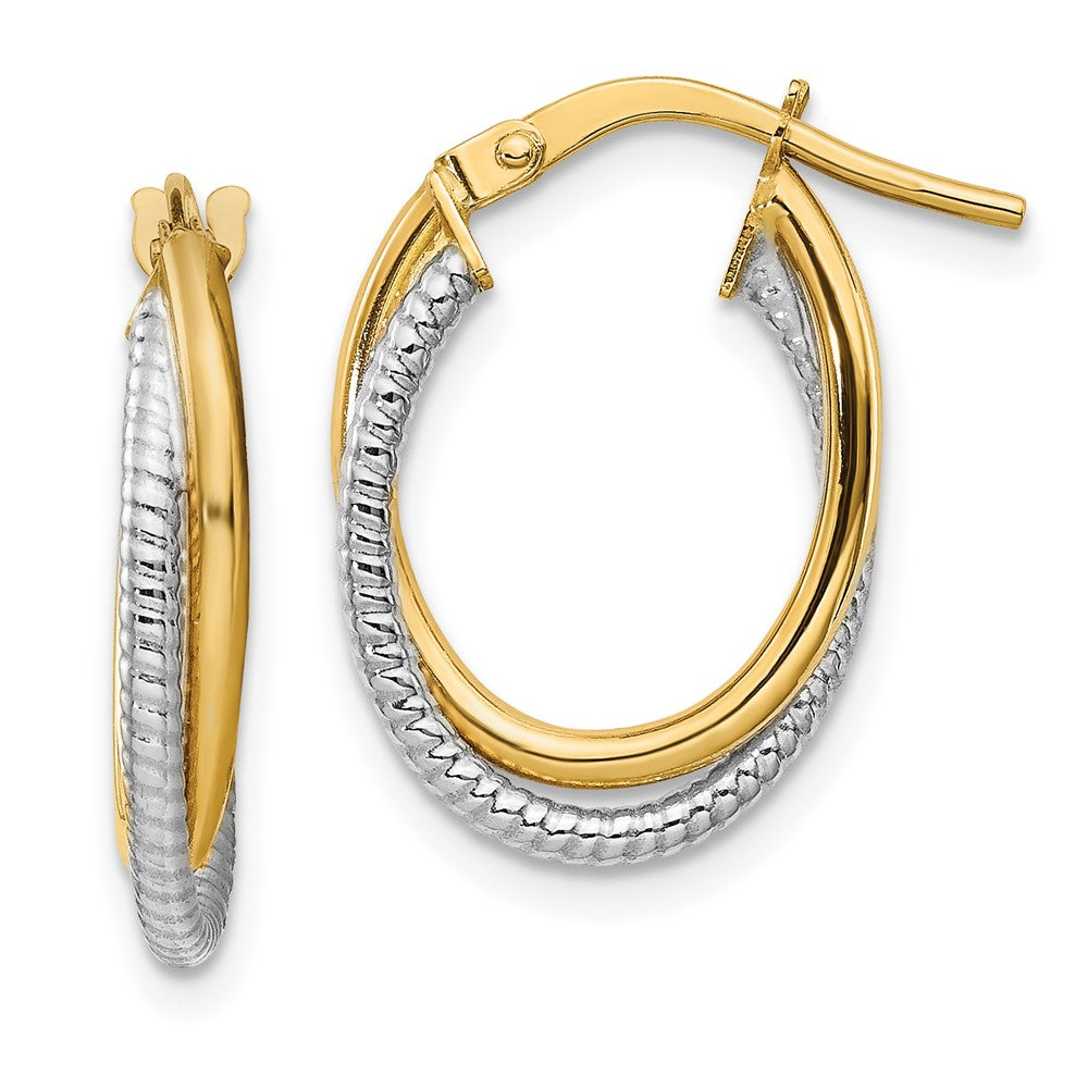 14K Bicolor Poliert Strukturiert Doppelt Oval Creolen
