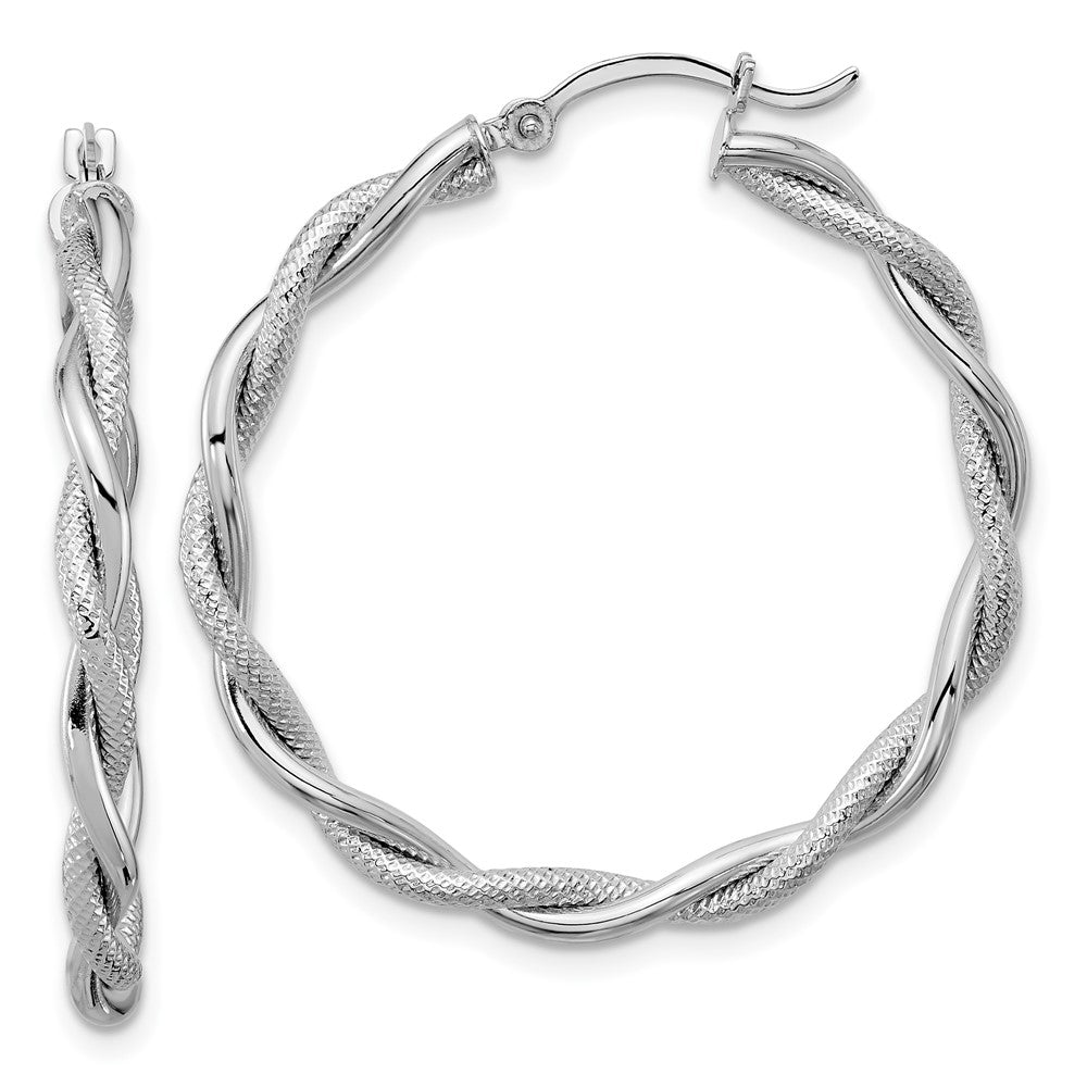 14K Weißgold Groß 3mm Poliert & Diamantiert Gedreht Creolen