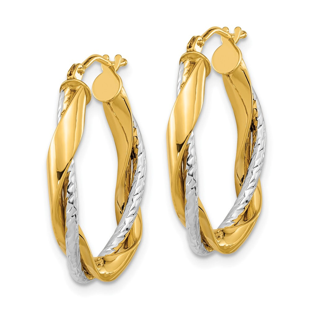 14K Bicolor Poliert Kordel Gedreht Oval Creolen