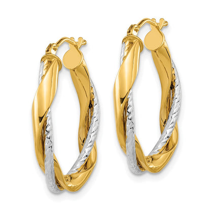 14K Bicolor Poliert Kordel Gedreht Oval Creolen