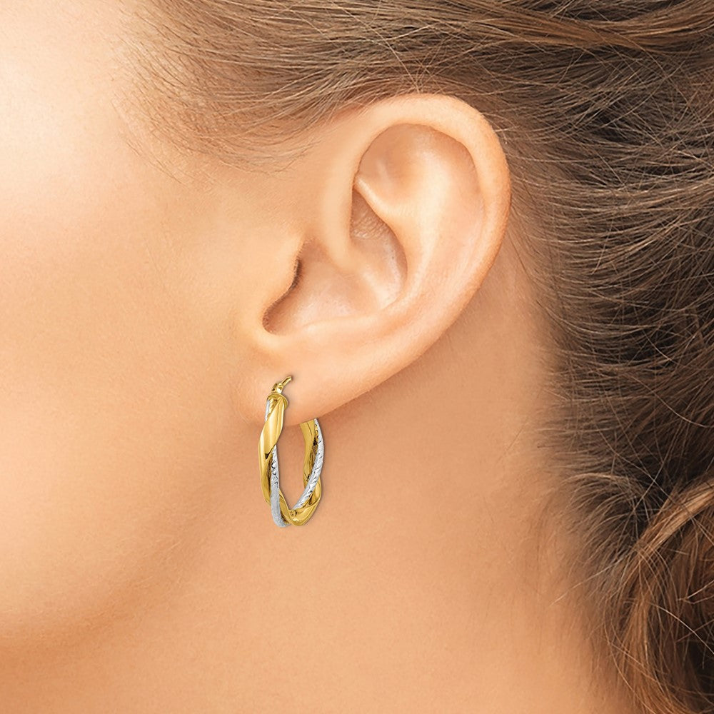 14K Bicolor Poliert Kordel Gedreht Oval Creolen