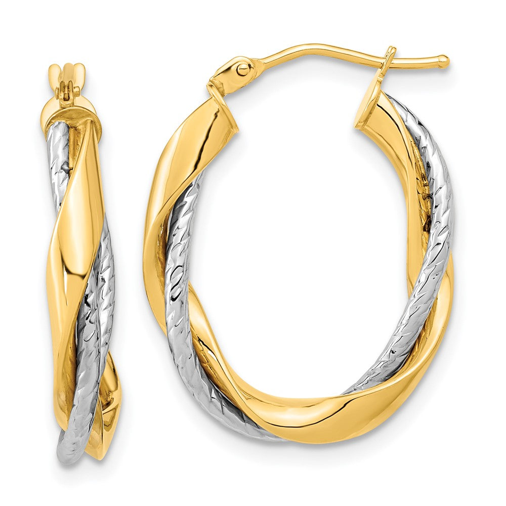 14K Bicolor Poliert Kordel Gedreht Oval Creolen