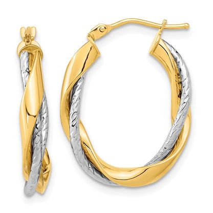 14K Bicolor Poliert Kordel Gedreht Oval Creolen