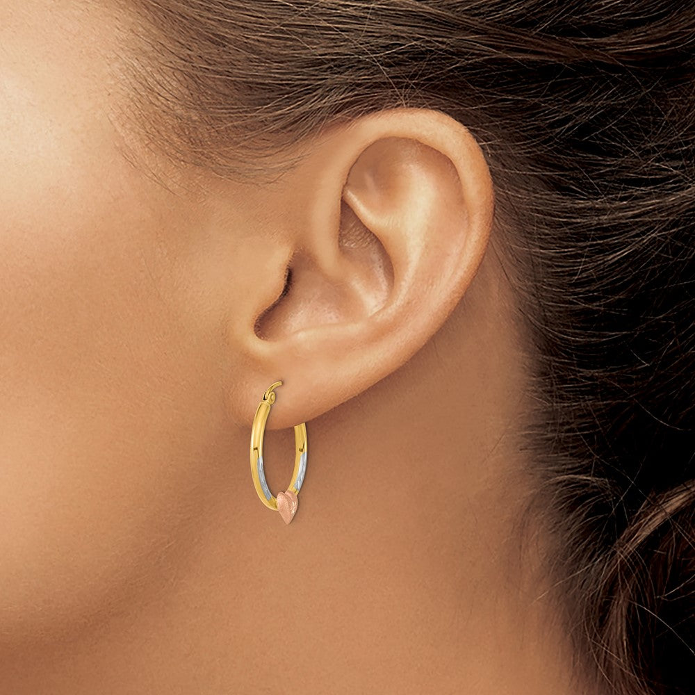 14K Bicolor mit Weiß Rhodium Diamantiert Herz Creolen