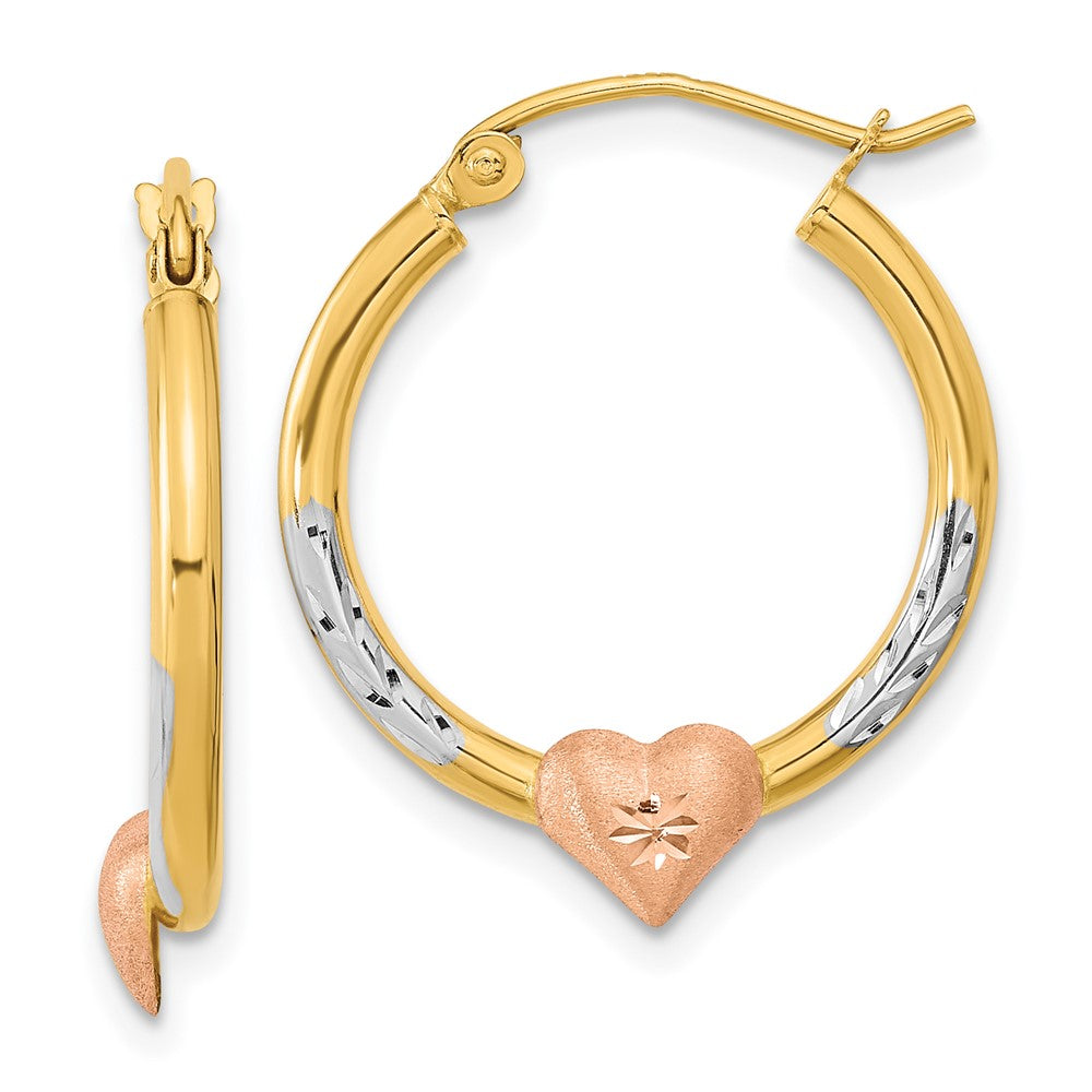 14K Bicolor mit Weiß Rhodium Diamantiert Herz Creolen