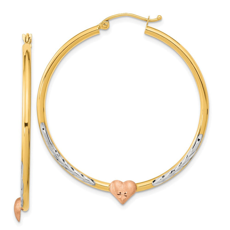 14K Bicolor mit Weiß Rhodium Diamantiert Herz Creolen