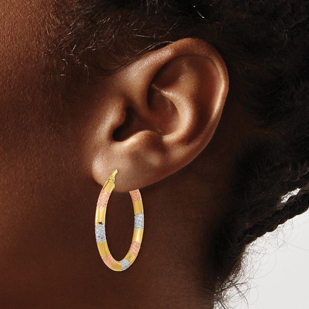 14K Gelb & Rhodium mit Rose und Weiß Diamantiert 3.0mm Creolen