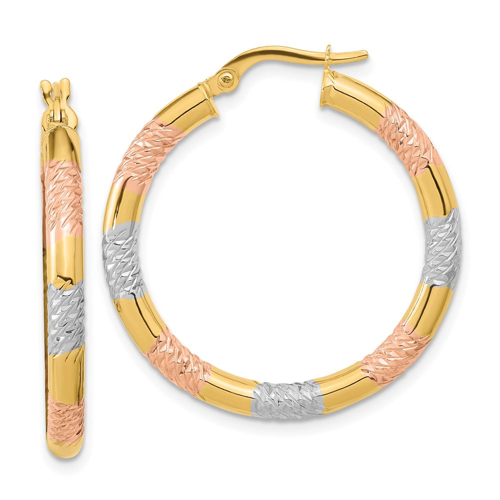 14K Gelb & Rhodium mit Rose und Weiß Diamantiert 3.0mm Creolen