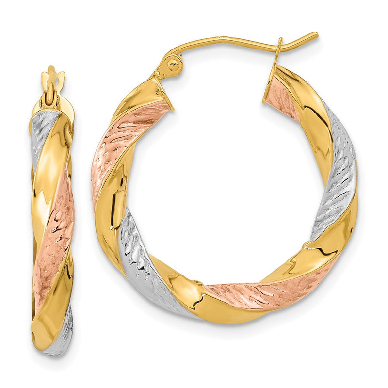 14K Gelb & Rhodium mit Weiß/rose Rhodiniert Poliert Diamantiert Gedreht Creolen