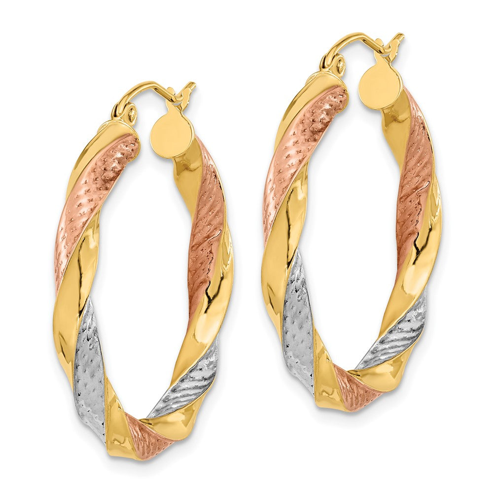 14K Gelb & Rhodium Tricolor Poliert Diamantiert Gedreht Creolen
