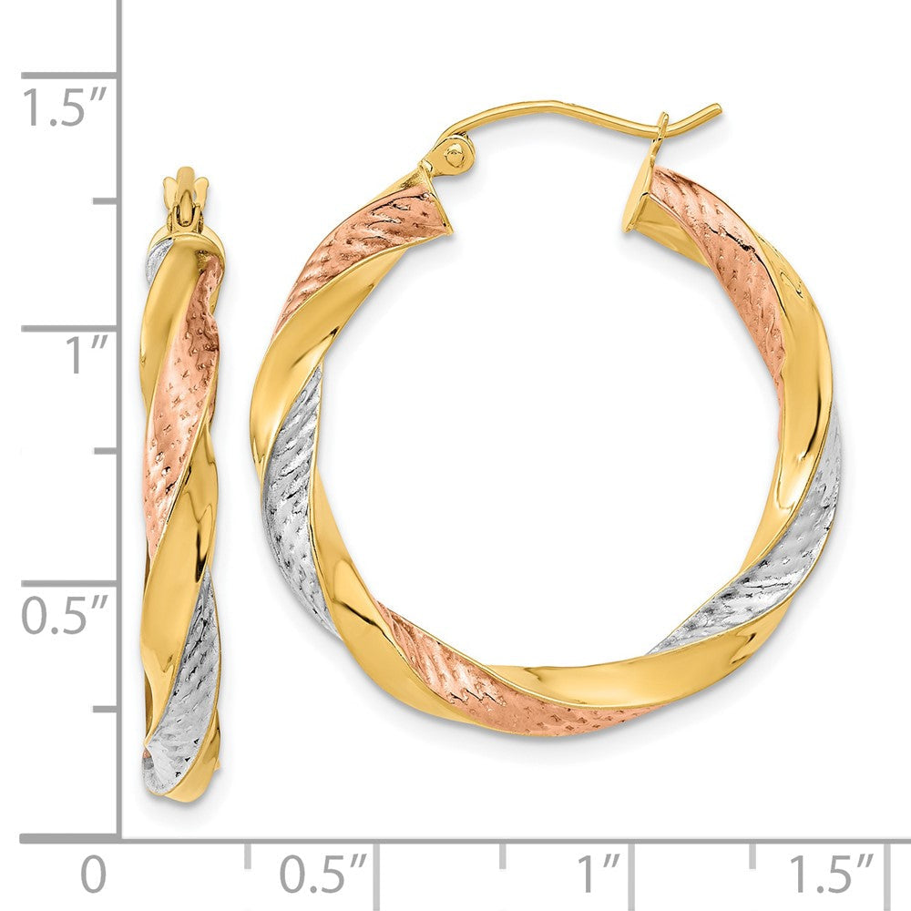 14K Gelb & Rhodium Tricolor Poliert Diamantiert Gedreht Creolen