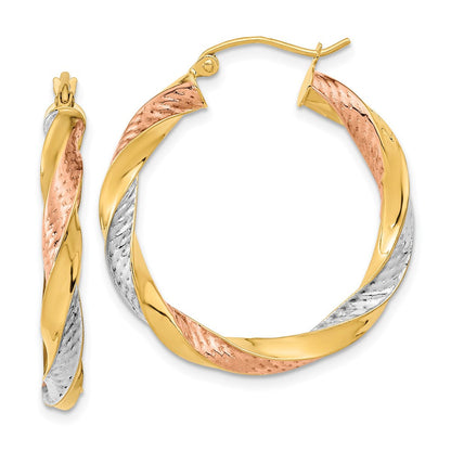 14K Gelb & Rhodium Tricolor Poliert Diamantiert Gedreht Creolen