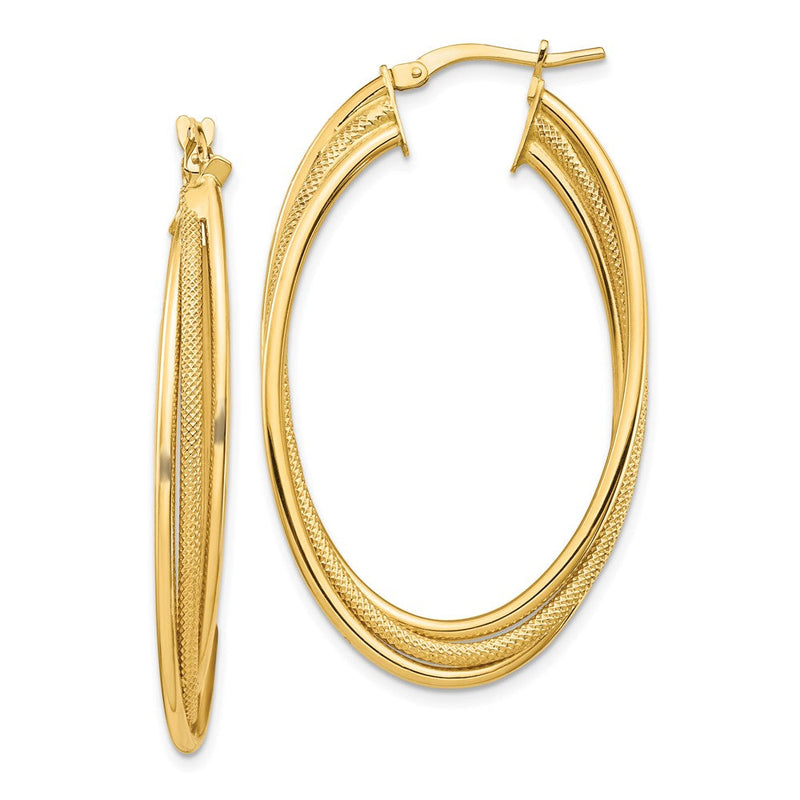14K Gelbgold Poliert und Strukturiert Gedreht Fantasie Oval Creolen
