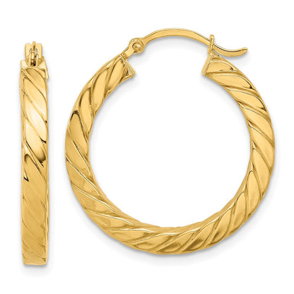 14K Gelbgold Poliert & Gedreht 3mm Quadratisch Röhre Creolen