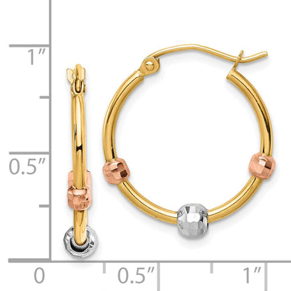 14K Tricolor Poliert mit Diamantiert Perlen Creolen