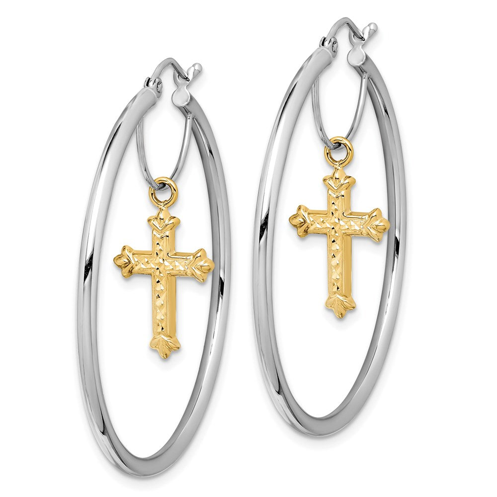 14K Bicolor Diamantiert Kreuz Hängend Creolen