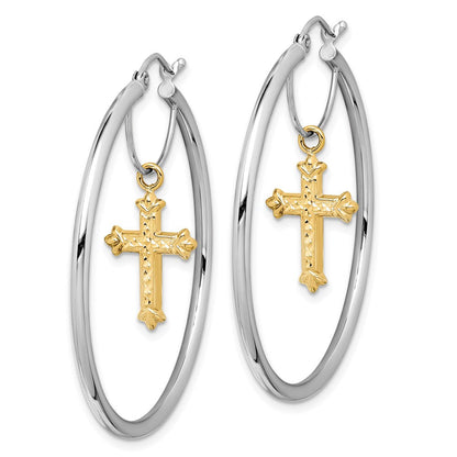 14K Bicolor Diamantiert Kreuz Hängend Creolen