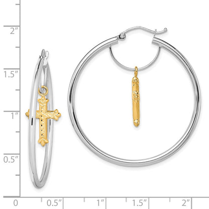 14K Bicolor Diamantiert Kreuz Hängend Creolen
