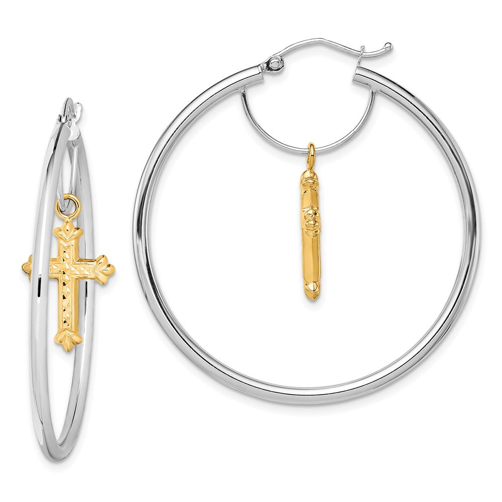 14K Bicolor Diamantiert Kreuz Hängend Creolen
