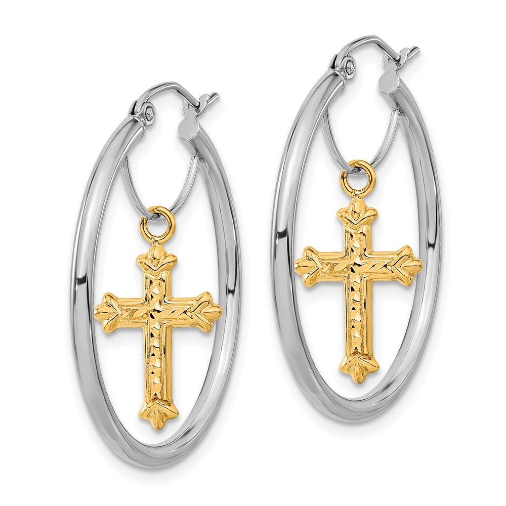 14K Bicolor Diamantiert Kreuz Hängend Creolen
