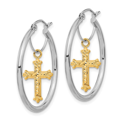 14K Bicolor Diamantiert Kreuz Hängend Creolen