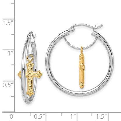 14K Bicolor Diamantiert Kreuz Hängend Creolen