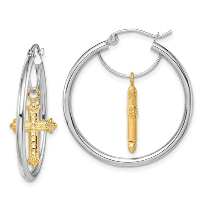 14K Bicolor Diamantiert Kreuz Hängend Creolen