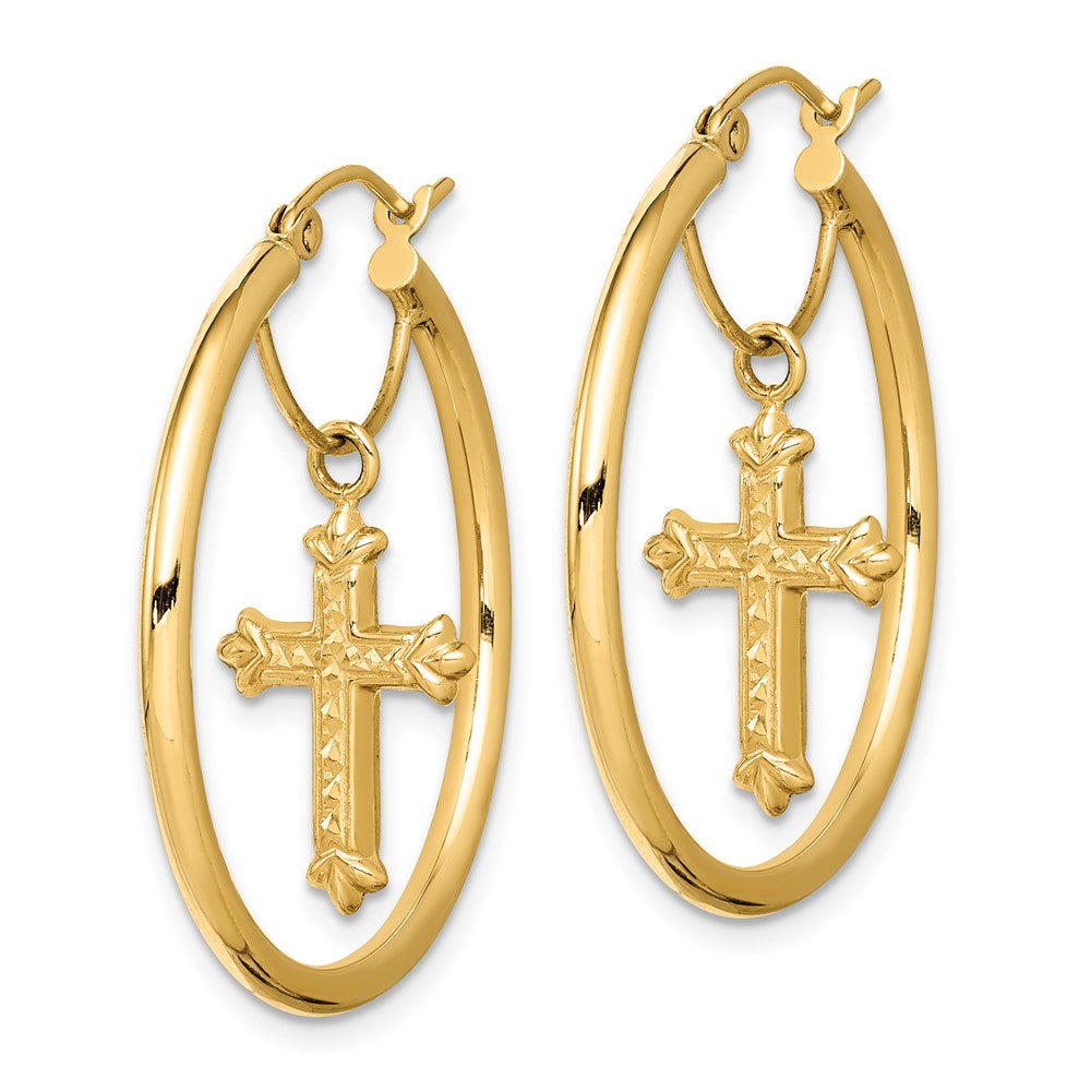 14K Gelbgold mit Diamantiert Kreuz Hängend Creolen