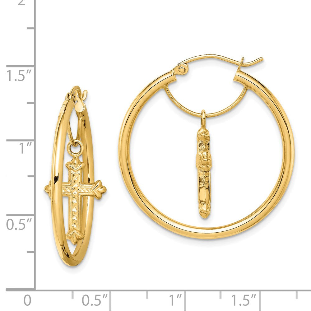 14K Gelbgold mit Diamantiert Kreuz Hängend Creolen