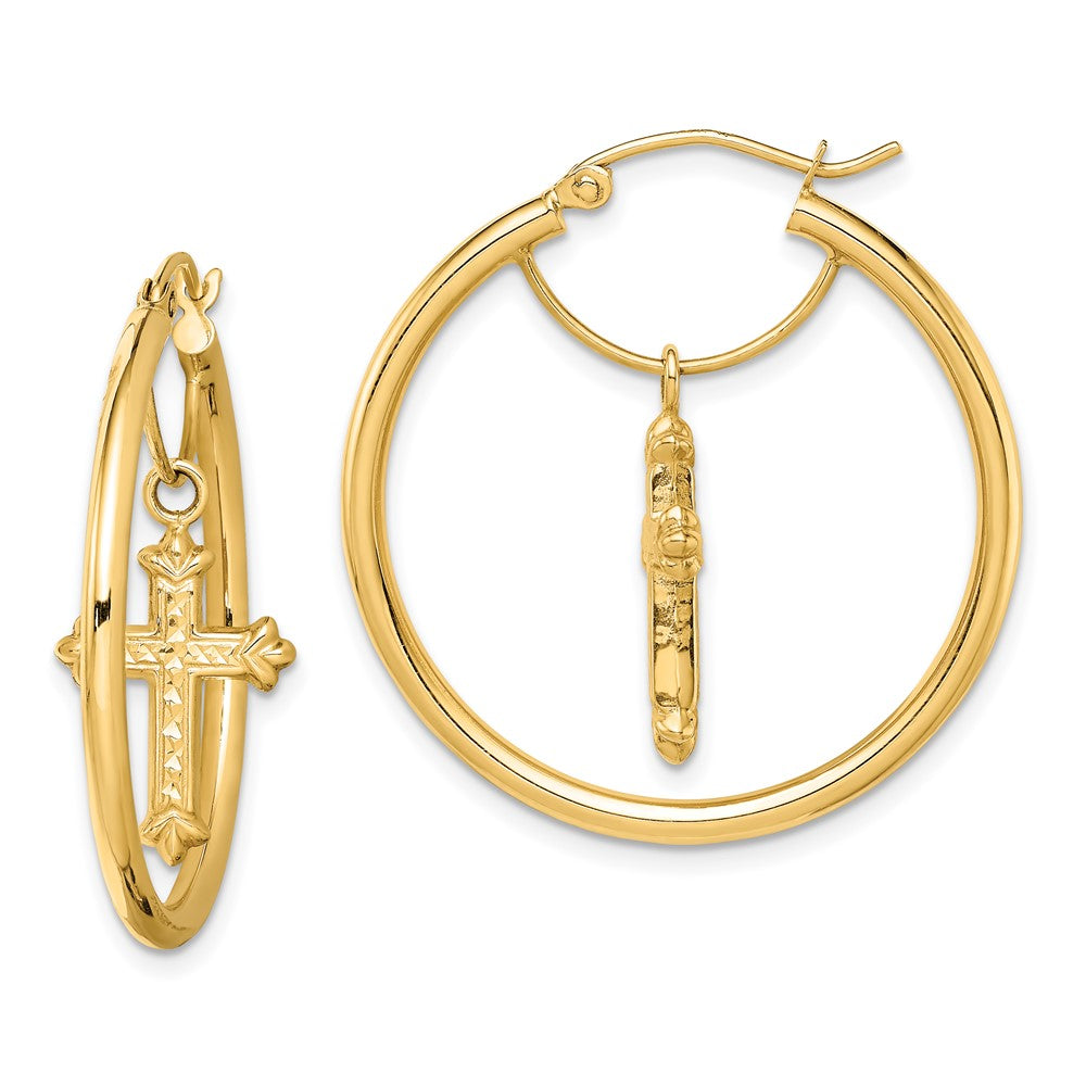 14K Gelbgold mit Diamantiert Kreuz Hängend Creolen