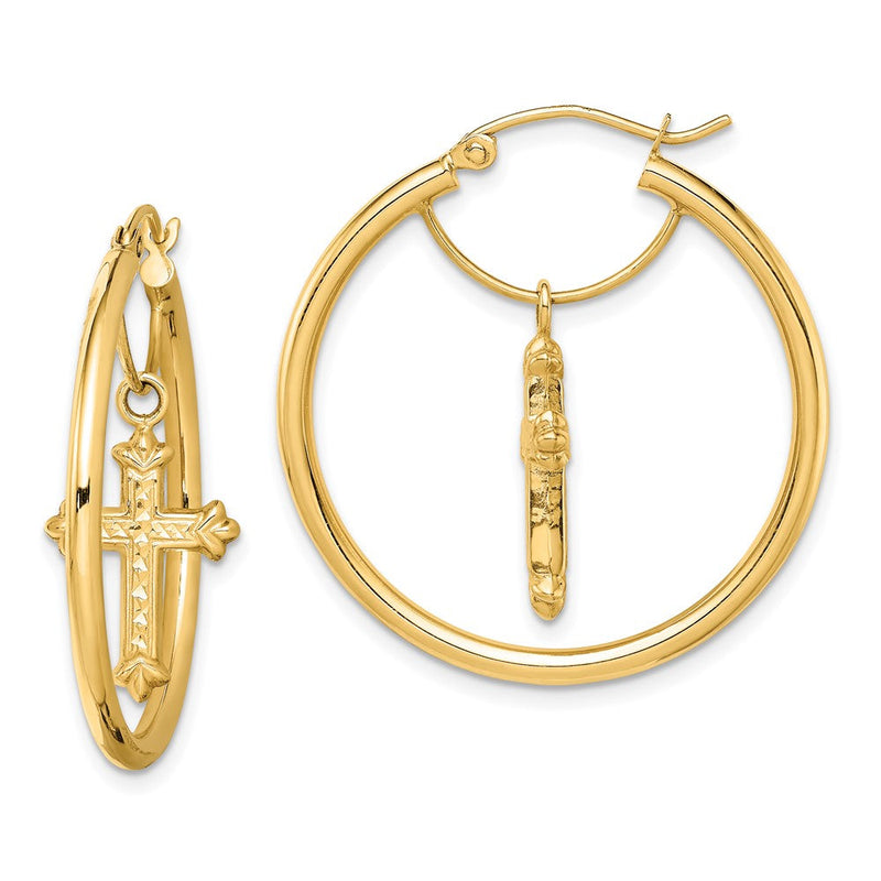 14K Gelbgold mit Diamantiert Kreuz Hängend Creolen