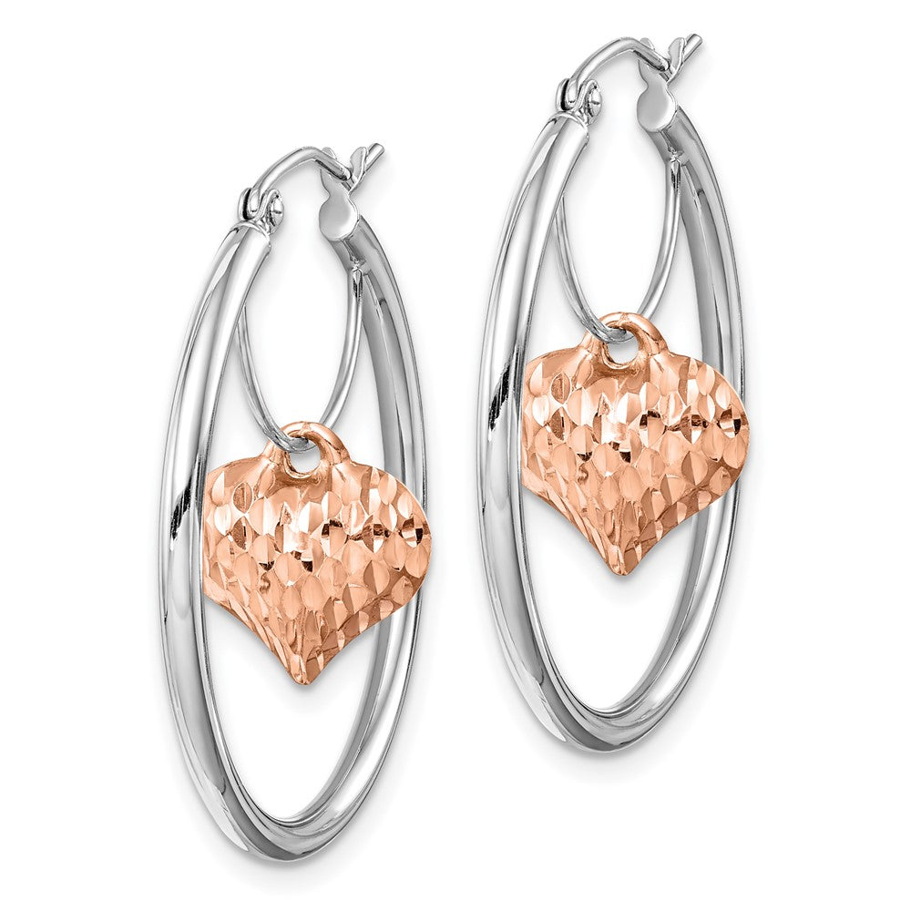 14K Bicolor Rose und Weiß Diamantiert Herz Hängend Creolen