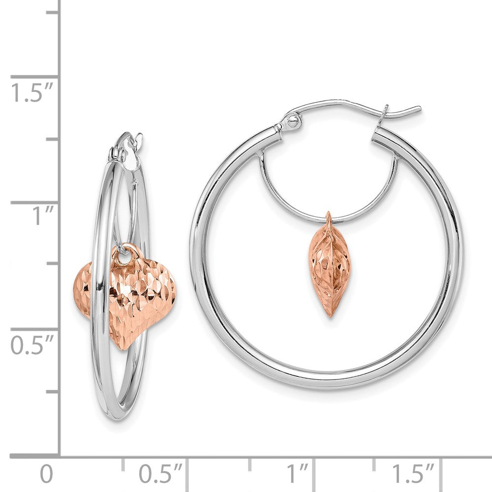 14K Bicolor Rose und Weiß Diamantiert Herz Hängend Creolen