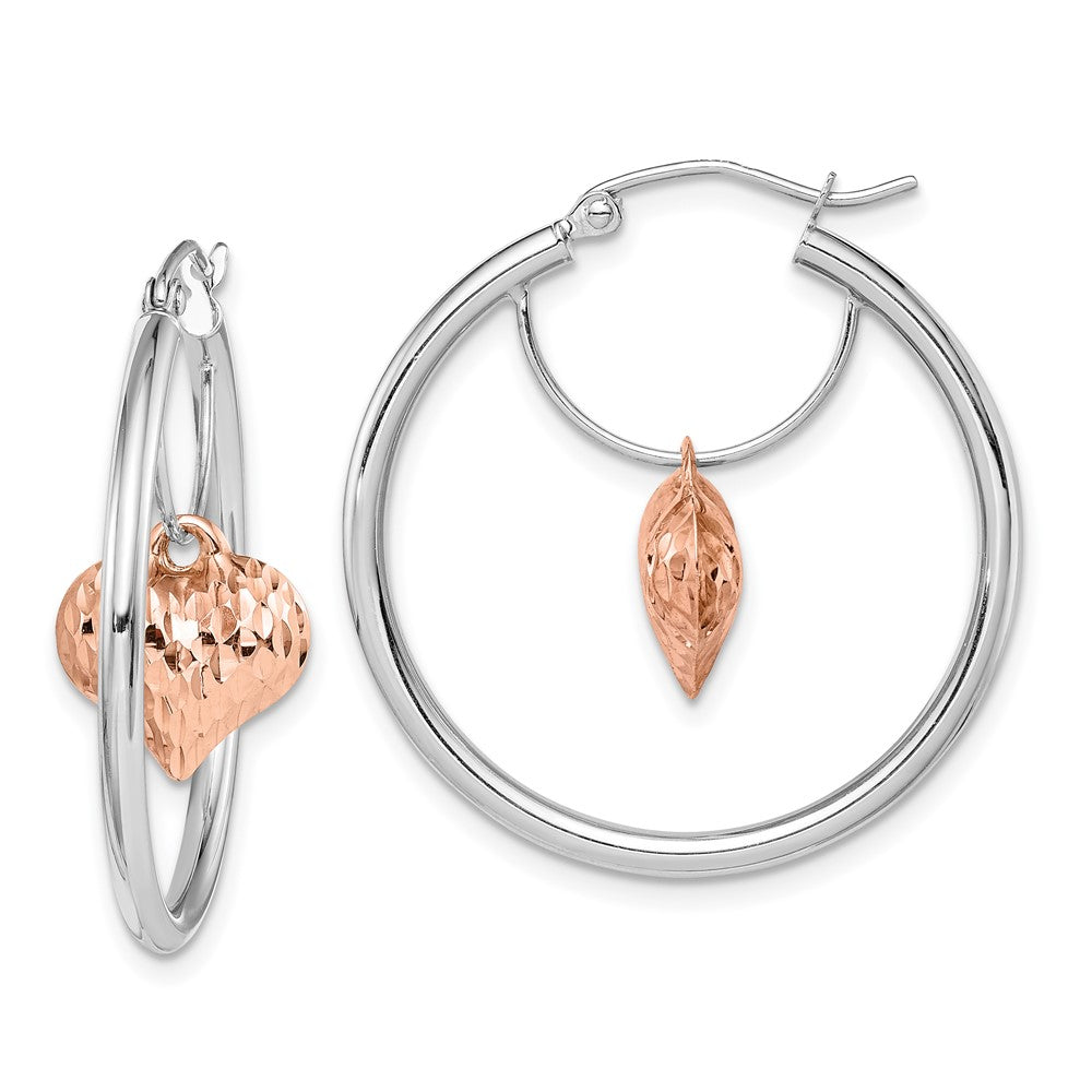14K Bicolor Rose und Weiß Diamantiert Herz Hängend Creolen
