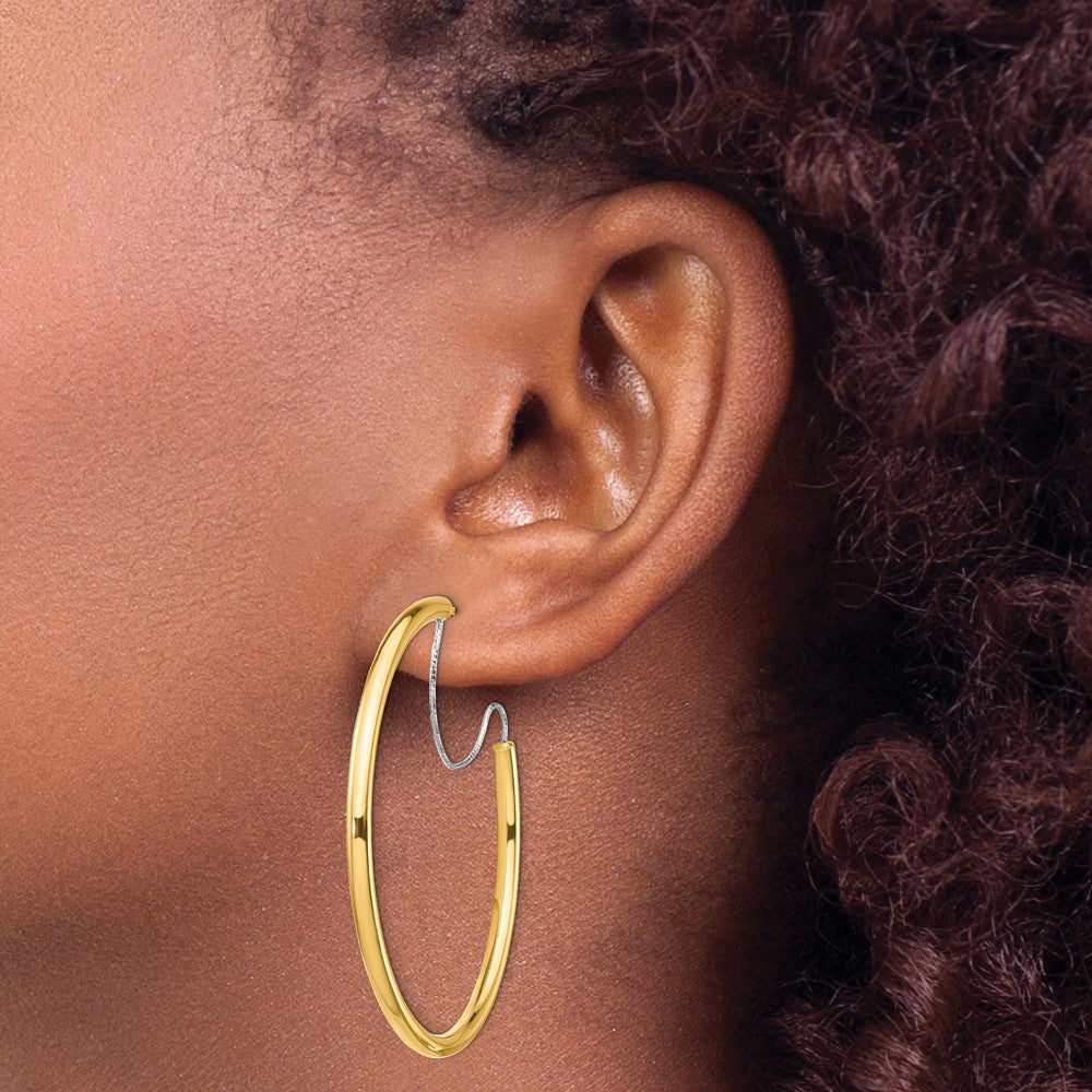 14K Gelbgold 2.5x40mm Poliert mit Diamantiert Draht Creolen