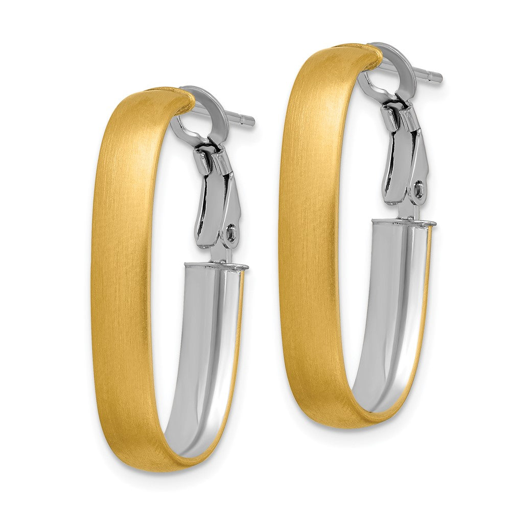 14K Gelb & Rhodium mit Weiß Poliert und Satiniert Oval Omega Rückseite Creolen