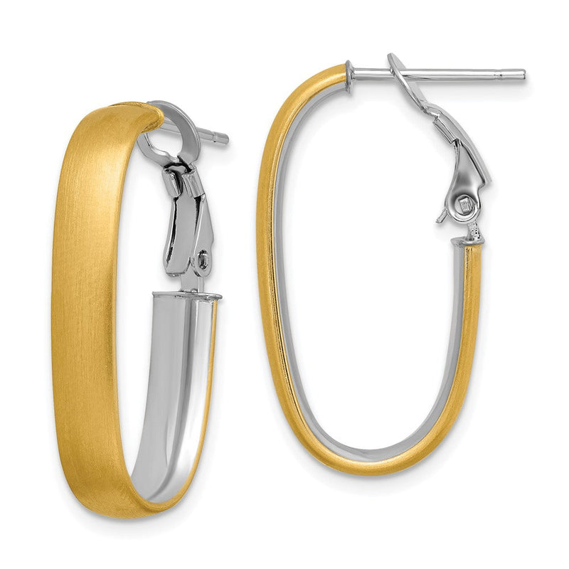 14K Gelb & Rhodium mit Weiß Poliert und Satiniert Oval Omega Rückseite Creolen
