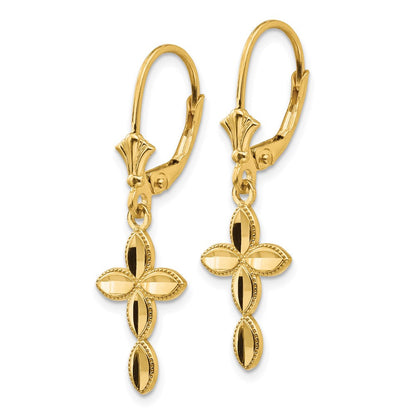14K Gelbgold Kreuz-Ohrhänger mit Diamantschliff und Leverback-Verschluss