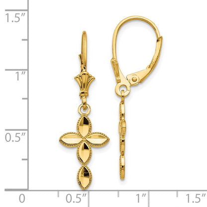 14K Gelbgold Kreuz-Ohrhänger mit Diamantschliff und Leverback-Verschluss