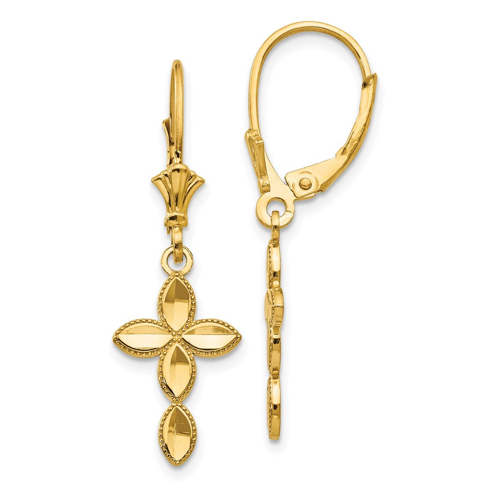 14K Gelbgold Kreuz-Ohrhänger mit Diamantschliff und Leverback-Verschluss