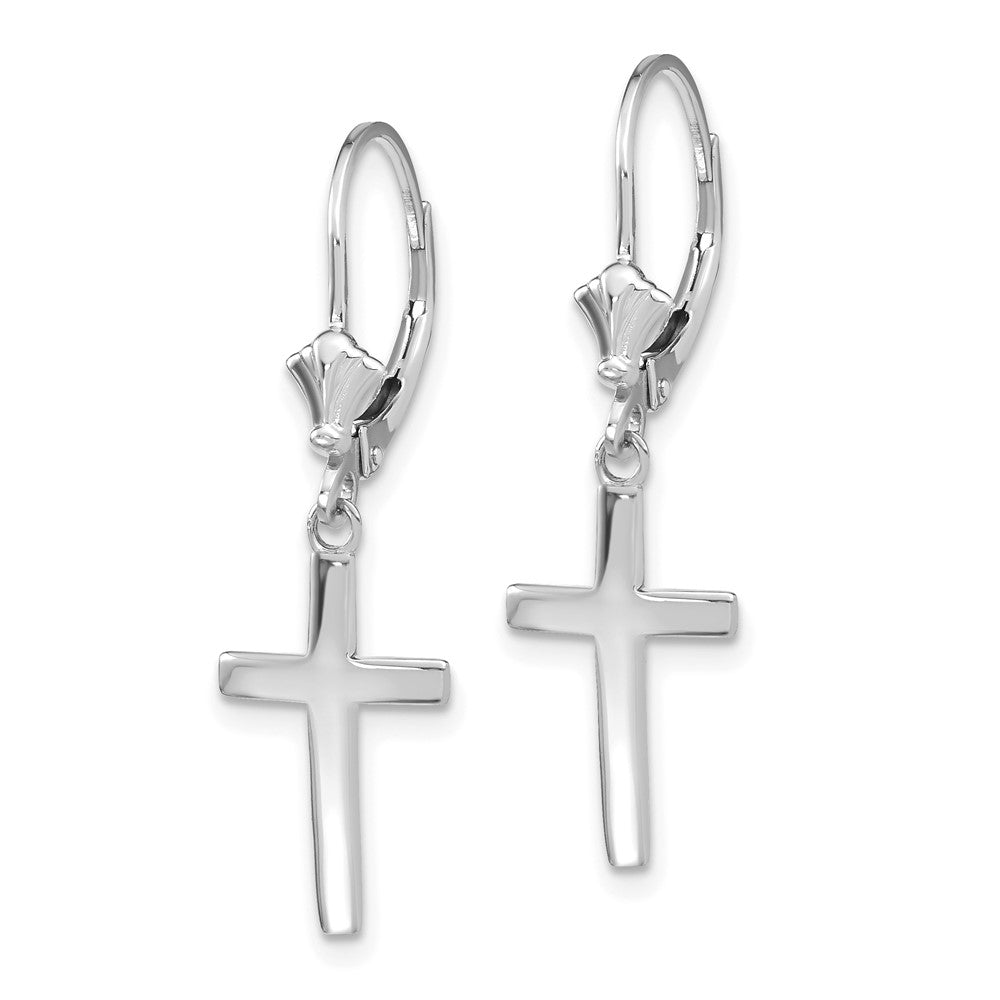14K Weißgold Ohrringe mit poliertem Kreuz und Leverback-Verschluss