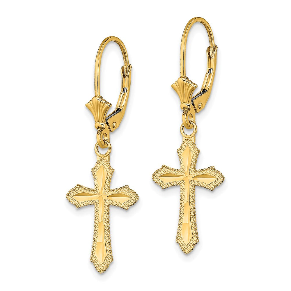 14K Gelbgold Diamantiert Kreuz mit Gekugelt Kante Ohrhänger mit Brisur