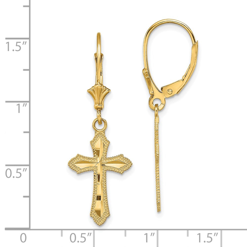 14K Gelbgold Diamantiert Kreuz mit Gekugelt Kante Ohrhänger mit Brisur