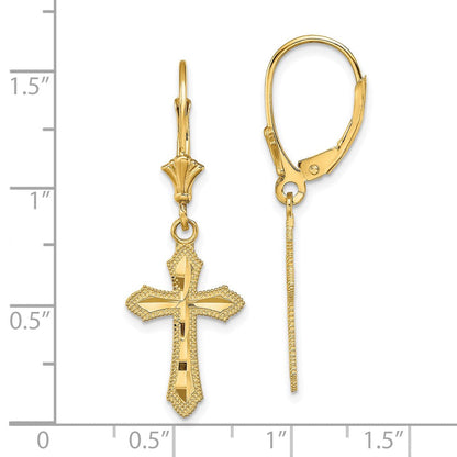 14K Gelbgold Diamantiert Kreuz mit Gekugelt Kante Ohrhänger mit Brisur