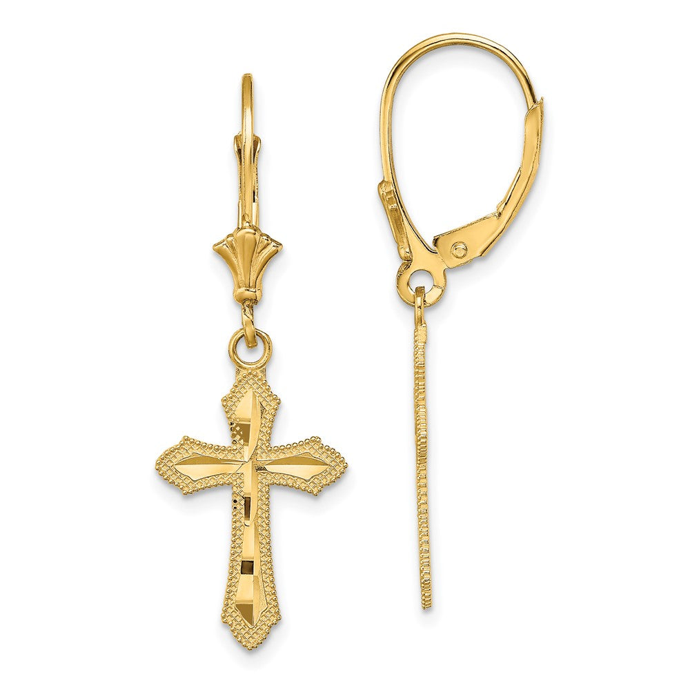 14K Gelbgold Diamantiert Kreuz mit Gekugelt Kante Ohrhänger mit Brisur