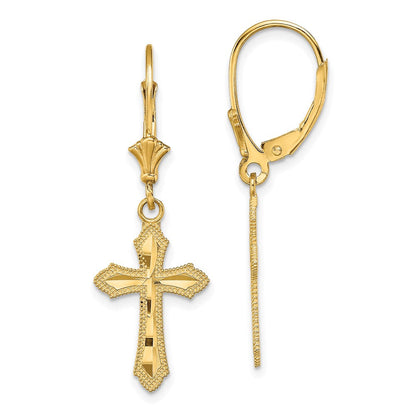 14K Gelbgold Diamantiert Kreuz mit Gekugelt Kante Ohrhänger mit Brisur