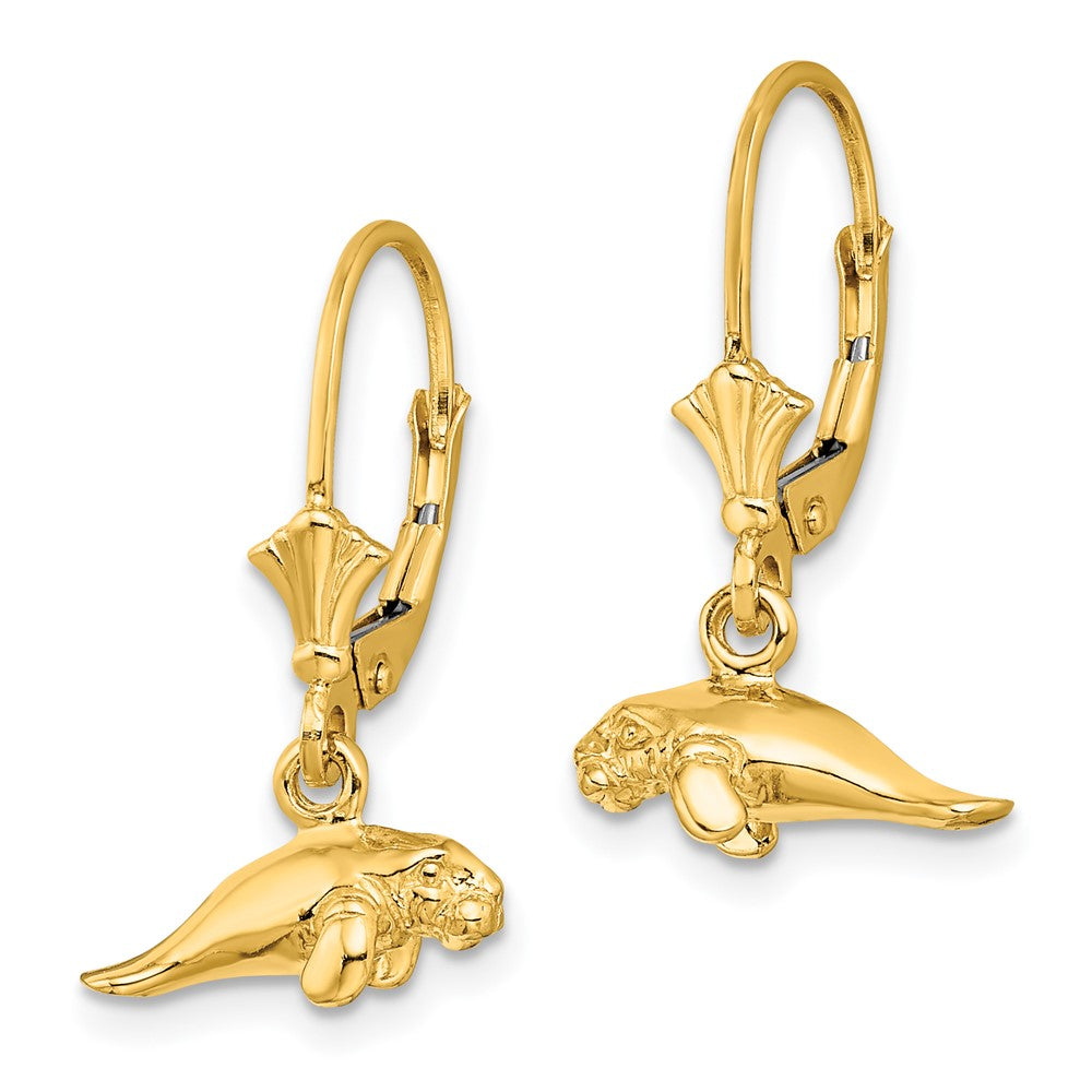 14K Gelbgold 3-d Poliert Mini Manatee Ohrhänger mit Brisur